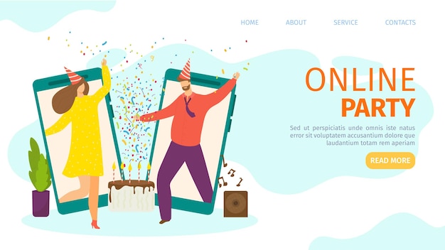 Happy online party at mobile screen landing page