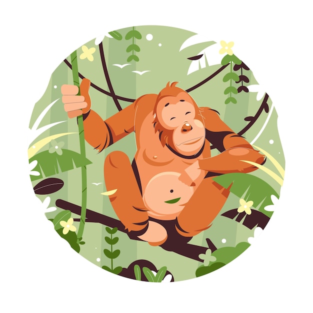 Happy Orangutan Hanging on Tree