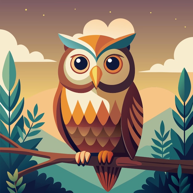 happy owl on the branch vector illustration flat 2