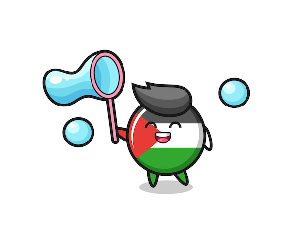 Happy palestine flag badge cartoon playing soap bubble