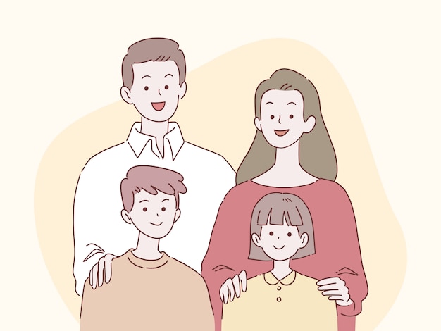 Happy parents and children smile together, family concept, hand-drawn style illustration.