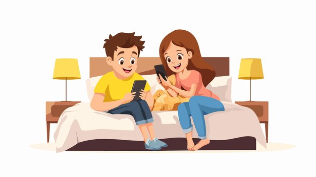 Vector happy parents using smart phone with son and daughter at home