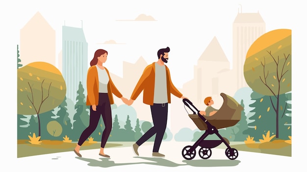 Vector happy parents walking with baby stroller family outdoor stroll