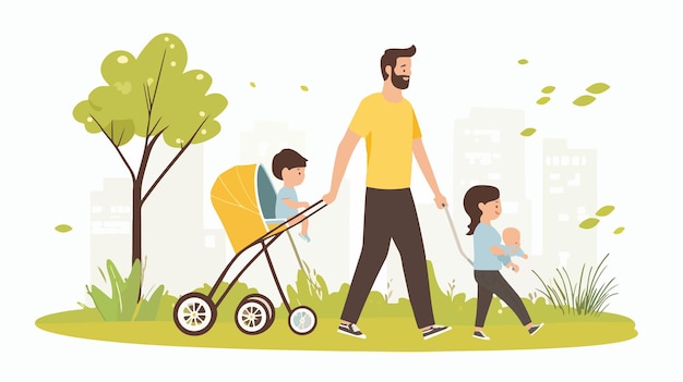 Vector happy parents with baby stroller family joyful moment