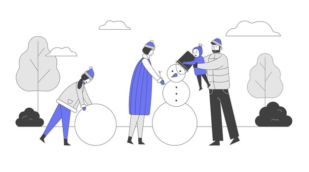 Vector happy parents with children making snowman on nature