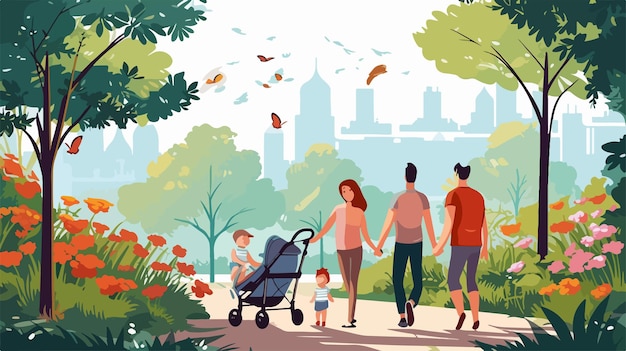 Happy Parents with Children Playing in Park Flat Vector Design