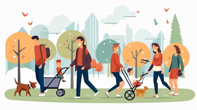 Happy Parents with Children Playing in Park Flat Vector Design