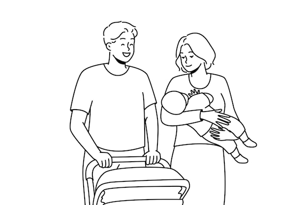 Happy parents with infant walking outside