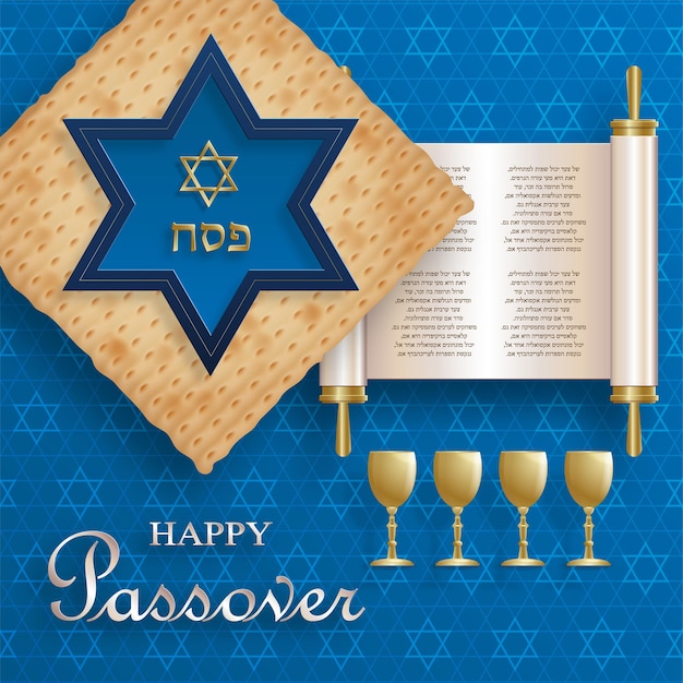 Happy Passover card, the Pessah holiday with nice and creative Jewish symbols and gold paper cut style on color background for pesach Jewish holiday (translation : happy Passover)