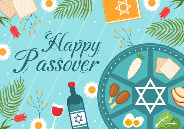 Vector happy passover illustration with matzah and pesach jewish holiday in cartoon hand drawn template