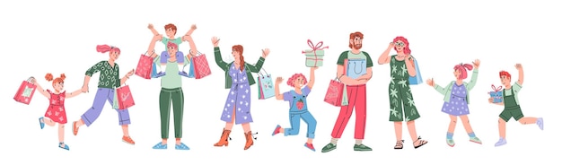 Happy people adults and kids going shopping Buyers or customers shoppers