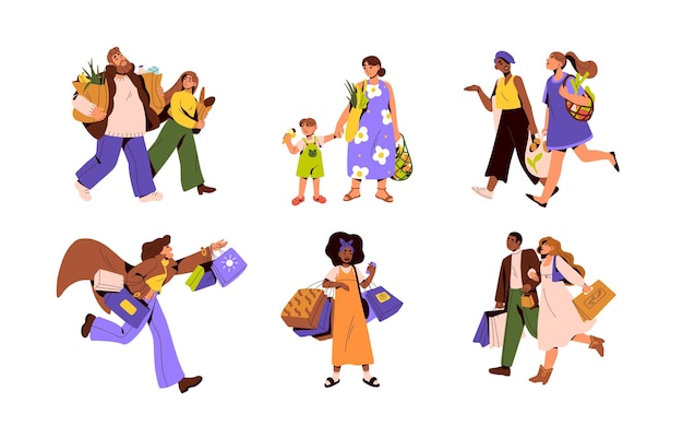 Happy people buyers with shopping bags set Men women children customers carrying purchases groceries Shoppers characters walk Flat graphic vector illustrations isolated on white background