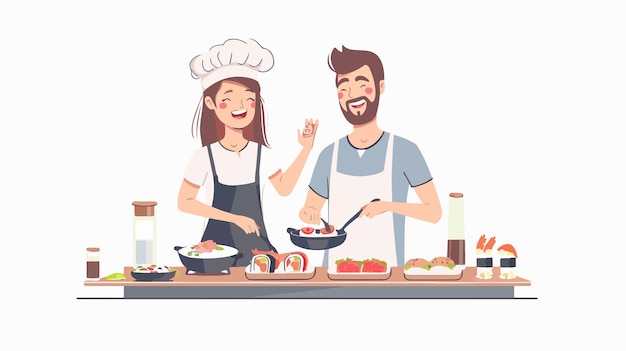 Vector happy people cooking food together at dining table