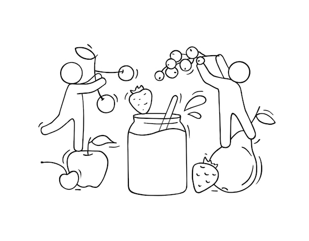 Happy people cooking jam with fresh fruits. Doodle cute illustration about the healthy food. Isolated about vegetarian natural nutrition.