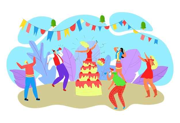 Happy people dancing round huge cake at birthday party having fun flat cartoon vector illustration