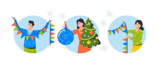 Happy People Decorate Tree Isolated Round Icons or Avatars Christmas and New Year Holiday Cartoon Vector Illustration