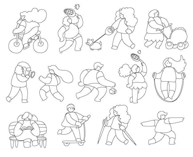 Happy people doing different outdoor activities running dog walking yoga exercising sport cycling walking with baby carriage Vector illustration in doodle style healthy lifestyle concept