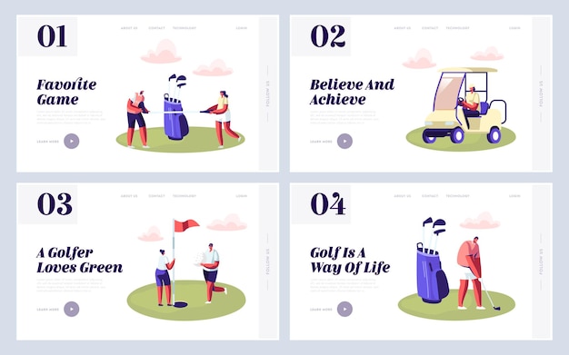 Vector happy people on golf field website landing page set