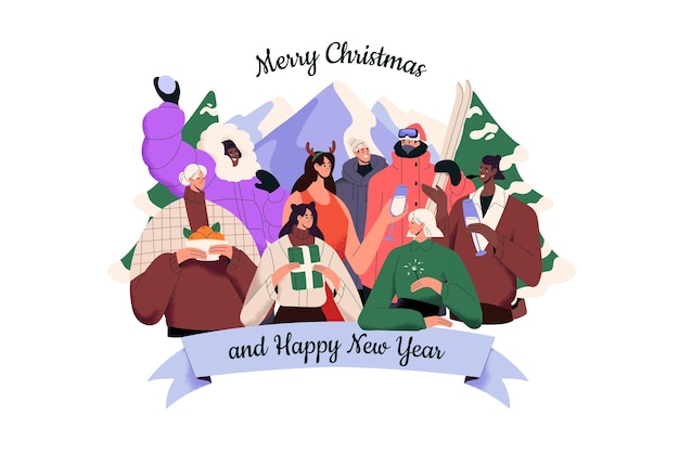 Happy people group at Christmas. Holiday characters with gifts celebrate Xmas and New Year.