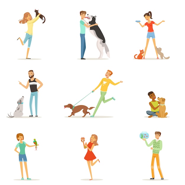 Happy people having fun with pets, man and women training and playing with their pets  Illustrations