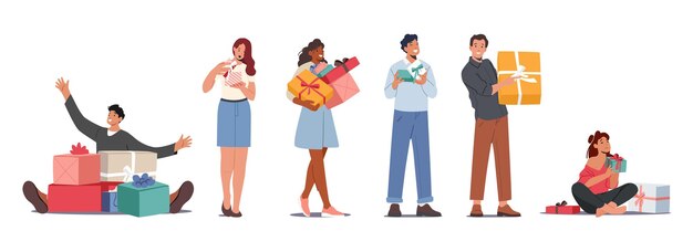 Vector happy people holding gift boxes for christmas new year birthday or boxing day celebration characters with presents