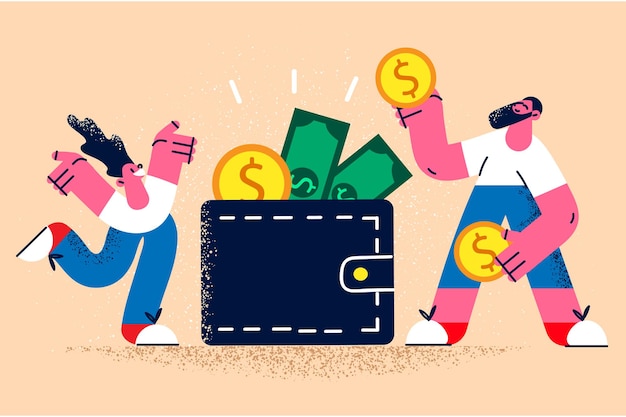 Happy people invest money make saving for future. Smiling man and woman put money into wallet manage budget control expenses expenditures. Investment and economy concept. Vector illustration.