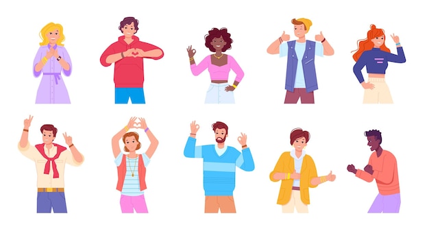 Happy people language gestures Confident characters showing hand gesture sign ok smile guy show yes or yeah body signal student positive expressions swanky vector illustration