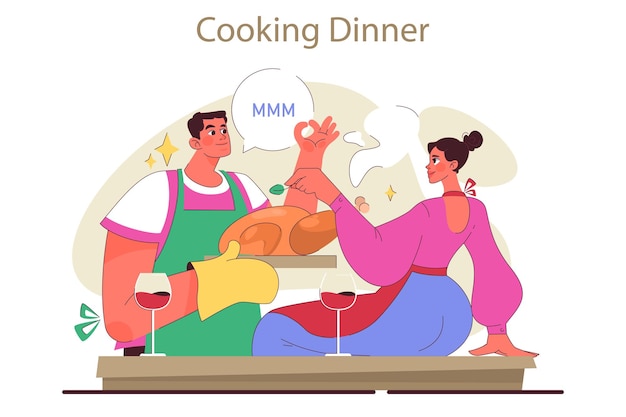 Vector happy people relaxing at home family members cooking together young couple preparing a roasted