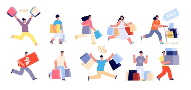 Happy people on sale Shopping man shop woman consumer Person with cart girl walk clothes shops Isolated shoppers holding bag utter vector set