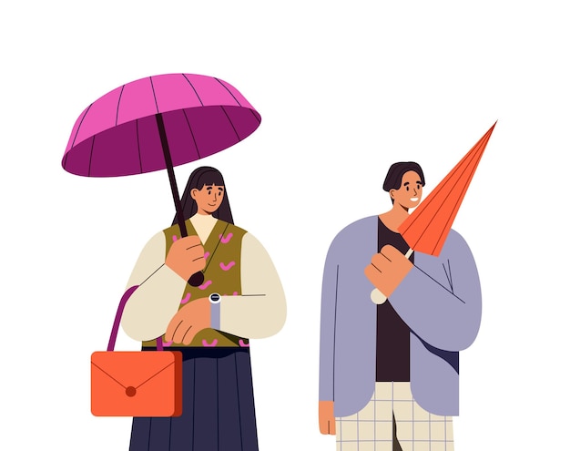 Vector happy people stand under autumn rain hold folded and open umbrellas in hands friends carry parasols to protect from rainy wet weather flat isolated vector illustration on white background