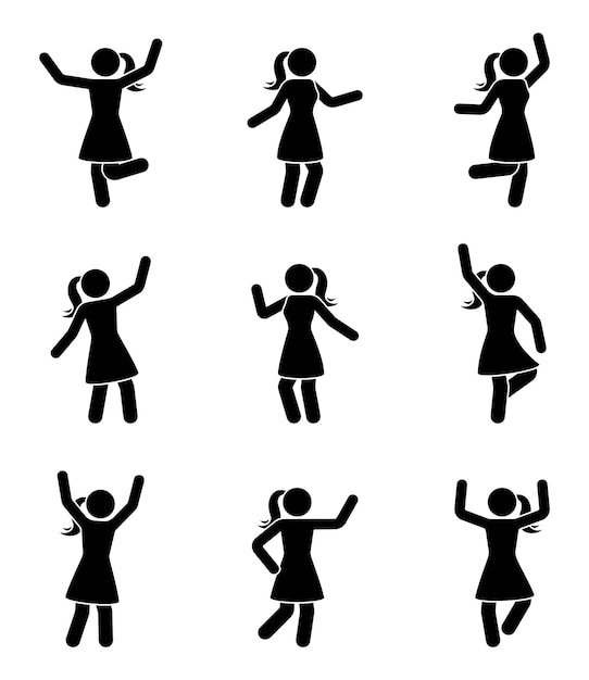 Happy people stick figure woman icon set