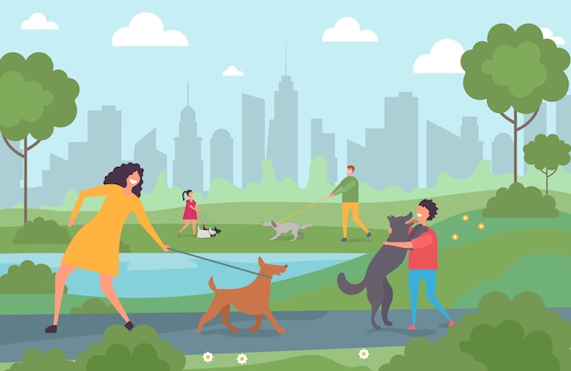 Happy people walking with dogs in the city park. Cartoon character adults and kids with pets  illustration