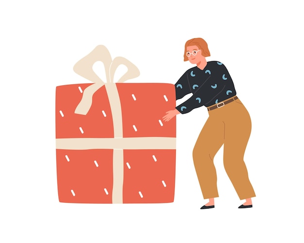 Happy person holding huge gift box. Woman carrying big enormous present wrapped in festive wrapping paper. Holiday surprise concept. Colored flat vector illustration isolated on white background.