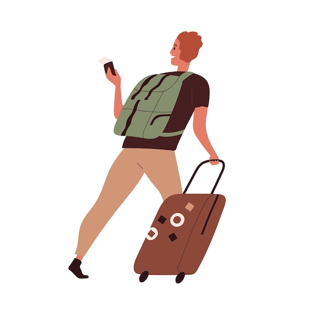 Vector happy person traveling with luggage. tourist saying goodbye and leaving with suitcase, passport and ticket. colored flat vector illustration of male traveler isolated on white background.