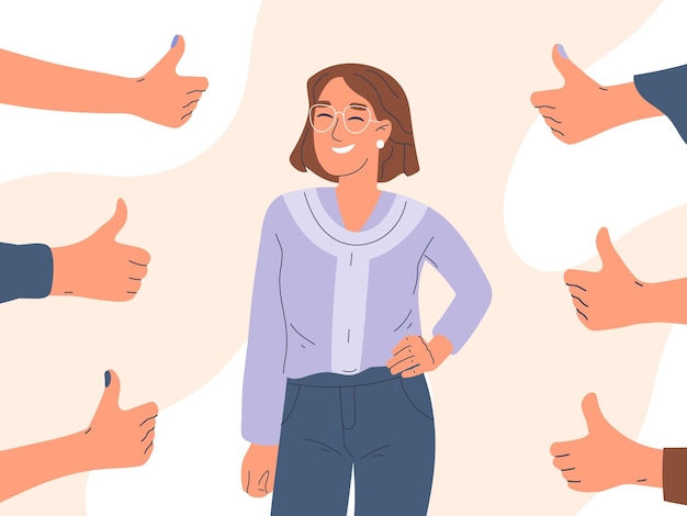 Happy person with positive approval feedback thumbs up surrounded vector background illustration