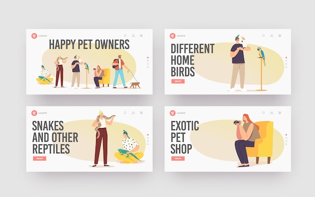 Happy Pet Owners Landing Page Template Set. Characters with Exotic Pets Lizard, Snake, Monkey and Spider with Parrot. People Care of Tropical Animals, Birds and Insects. Cartoon Vector Illustration