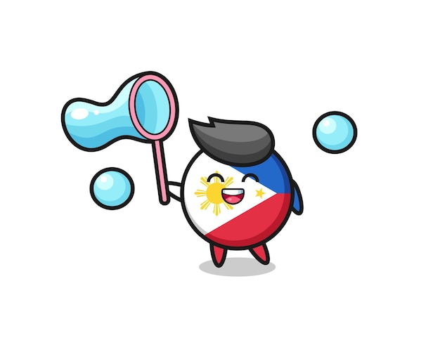 Happy philippines flag badge cartoon playing soap bubble