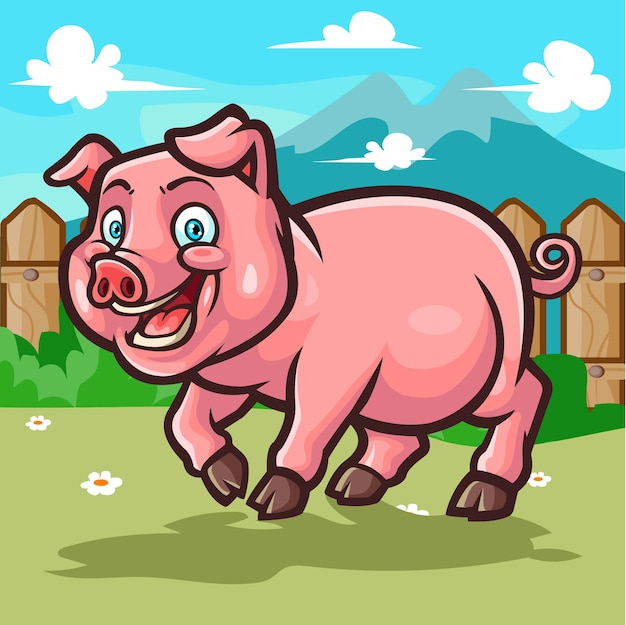 Happy pig cartoon isolated on garden and mountains background