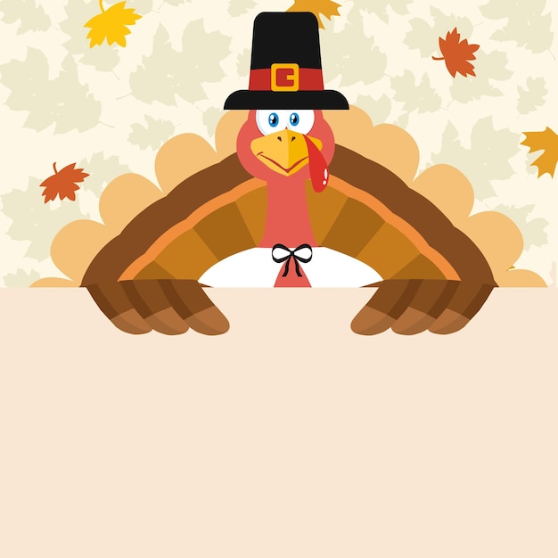 Happy Pilgrim Turkey Bird Cartoon Mascot Character Holding A Blank Sign