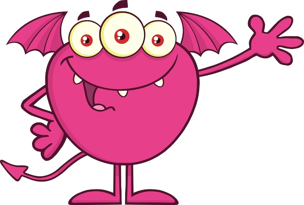 Happy Pink Monster Cartoon Mascot Character Waving For Greeting. Vector Illustration