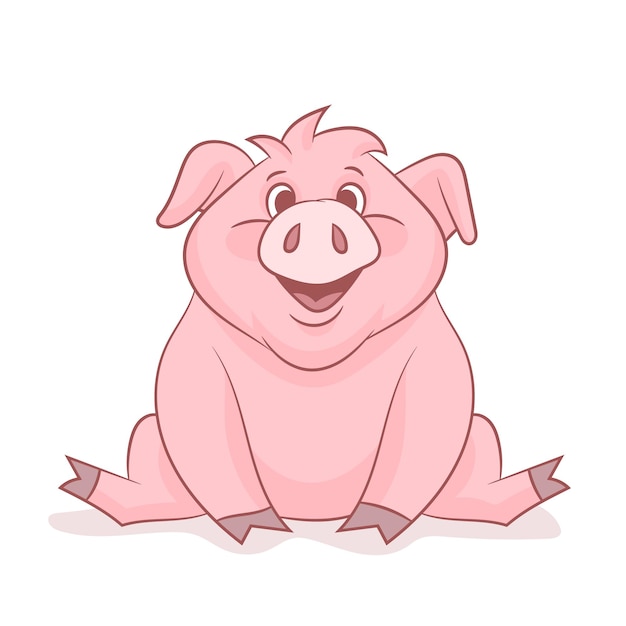 Happy pink pig sitting and smiling