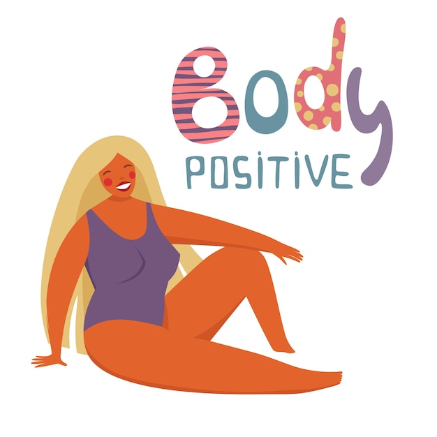 Happy plus size girl with smartphone in bikini. Happy body positive concept. All bodies are good text. Attractive overweight woman. For Fat acceptance movement. Vector illustration on white background