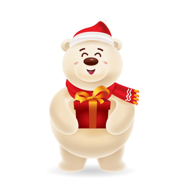 Happy polar bear with red cap and red scarf carrying a gift box for christmas with isolated 