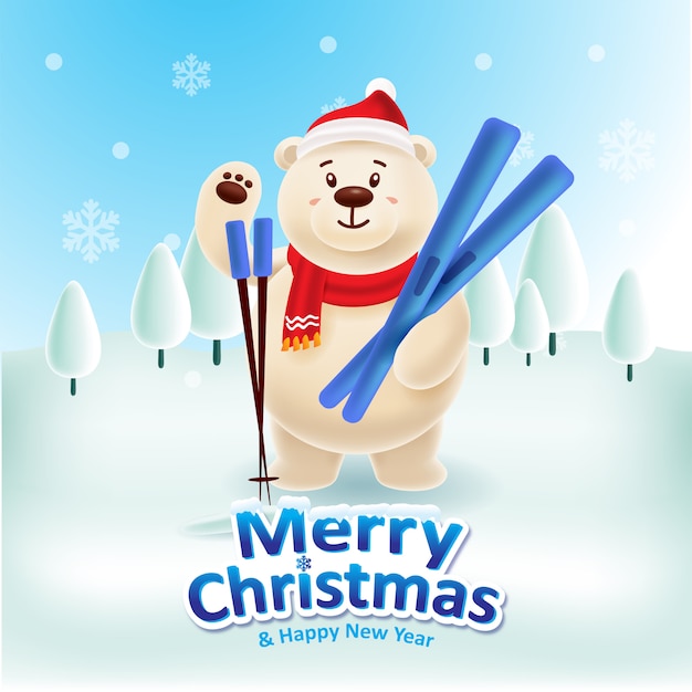 Happy Polar Bear with red cap and red scraf playing ski 