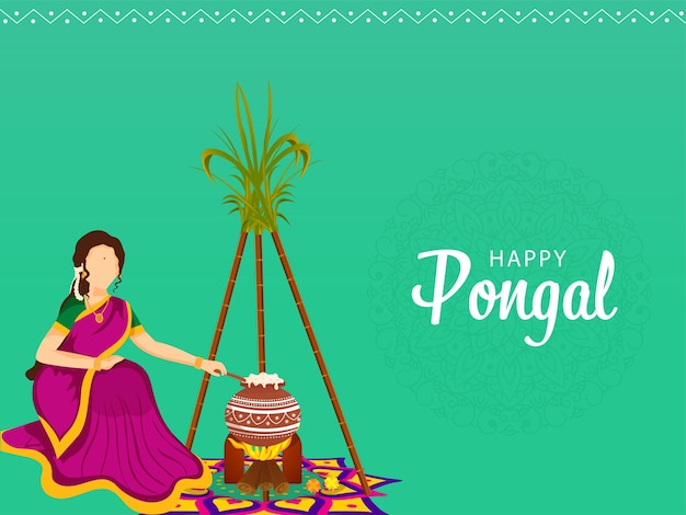 Happy Pongal Celebration Concept With Faceless South Indian Woman Stirring Rice In Mud Pot And Sugarcanes On Aqua Green Background