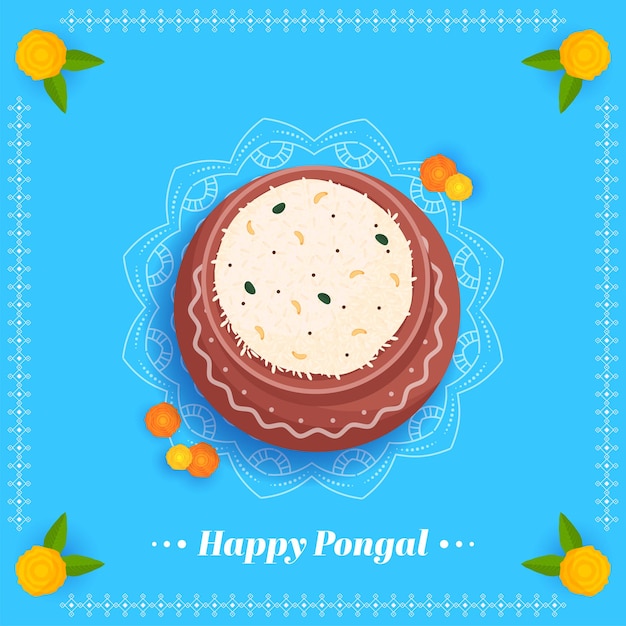 Happy Pongal Celebration Concept With Top View Of Pongali Rice In Mud Pot And Marigold Flower On Blue Mandala Background