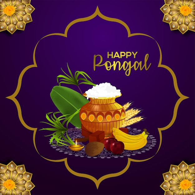 Happy pongal celebration greeting card with mud pot