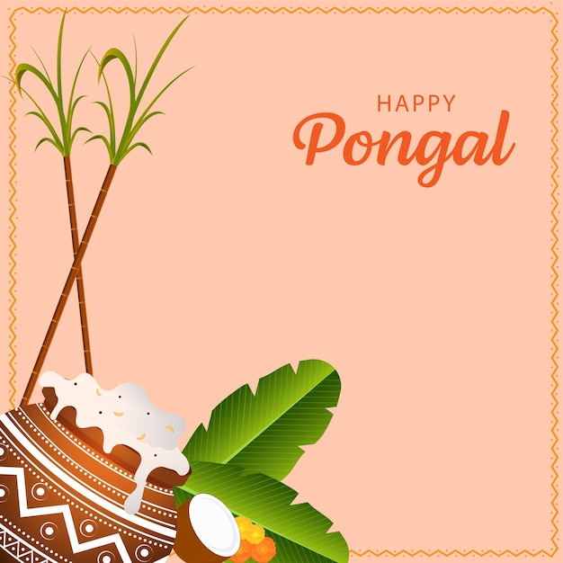 Happy Pongal Celebration Greeting Card With Traditional Dish In Mud Pot Banana Leaves Half Coconut Marigold Flower And Sugarcanes On Peach Background