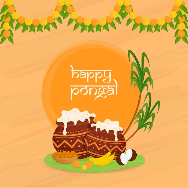 Happy Pongal Celebration Poster Design With Traditional Dish Mud Pots