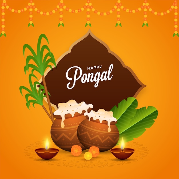 Happy Pongal Celebration Poster Design With Traditional Dish Mud Pots